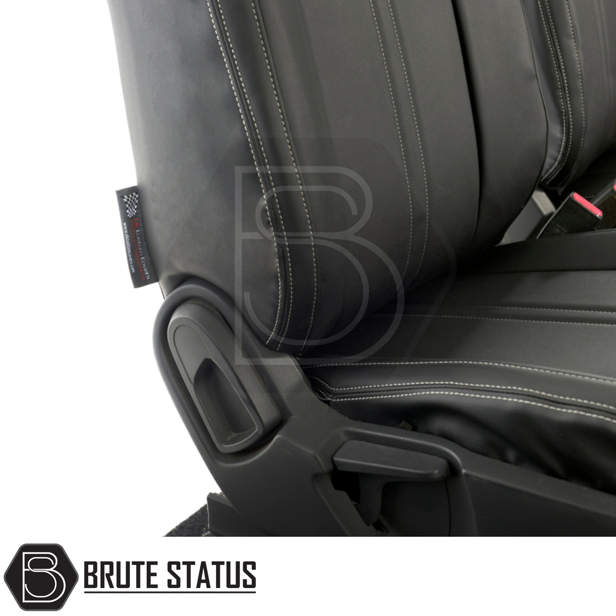 Ford Ranger 2012-2022 Double Cab tailored leatherette seat covers, featuring white block stitching and a precise fit with pull-down armrest compatibility.