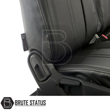 Ford Ranger 2012-2022 Double Cab tailored leatherette seat covers, featuring white block stitching and a precise fit with pull-down armrest compatibility.