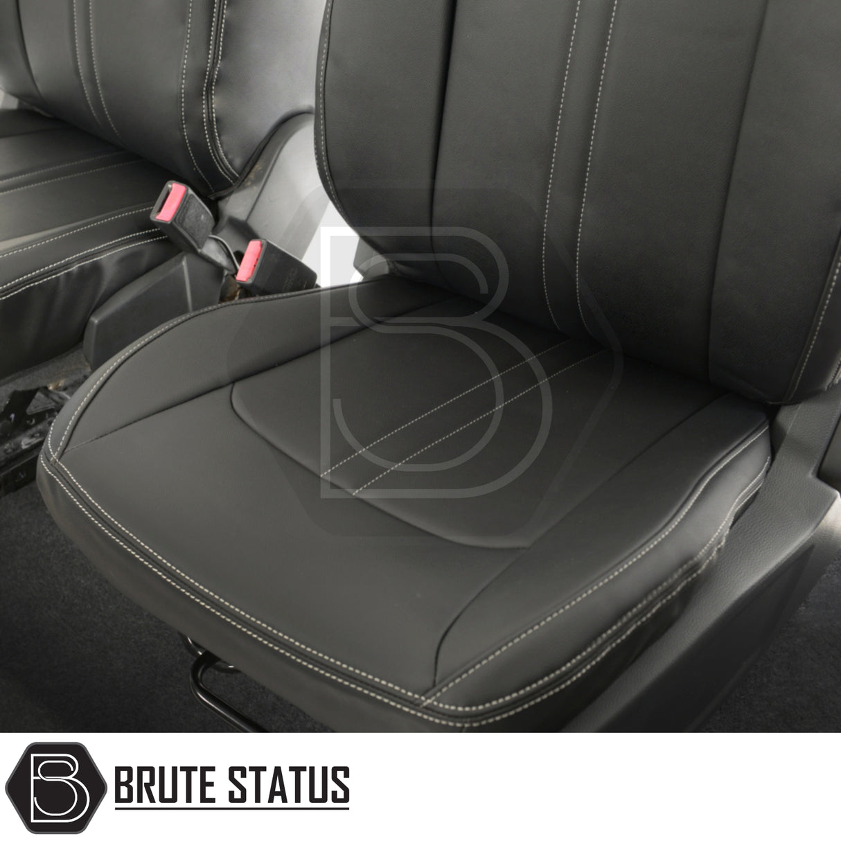 Ford Ranger 2012-2022 Double Cab Leatherette Seat Covers with white stitching, tailored fit, showcasing premium foam-backed leatherette for enhanced vehicle interior protection and style.