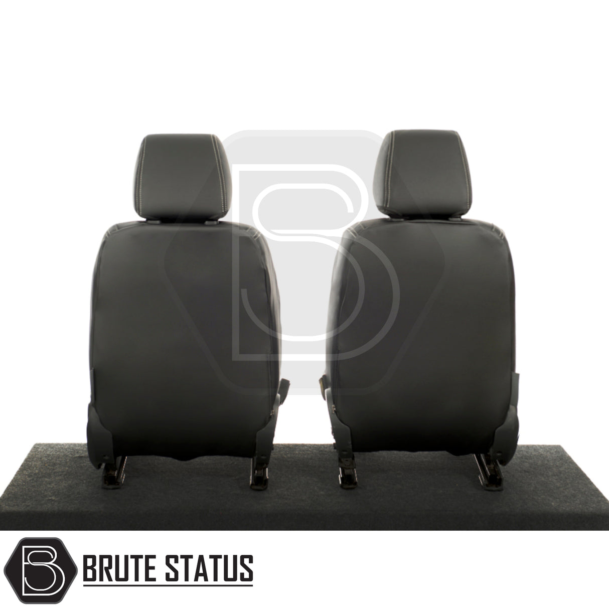 Ford Ranger 2012-2022 T6, T7, T8 Double Cab Tailored Leatherette Seat Covers with white block stitch, highlighting two black seats with headrests.