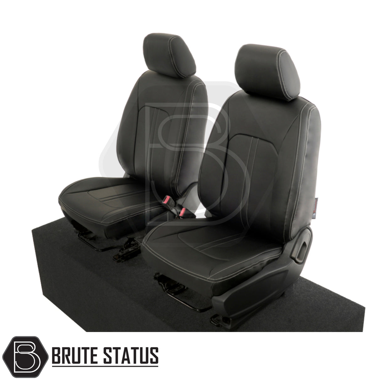 Ford Ranger 2012-2022 Double Cab tailored leatherette seat covers with white block stitch, featuring premium, durable materials for precise fit and stylish protection.