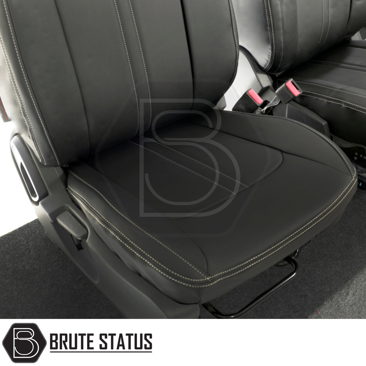 Ford Ranger tailored leatherette seat covers with white stitching, showcasing precise fit and premium materials for enhanced vehicle interior protection and style.