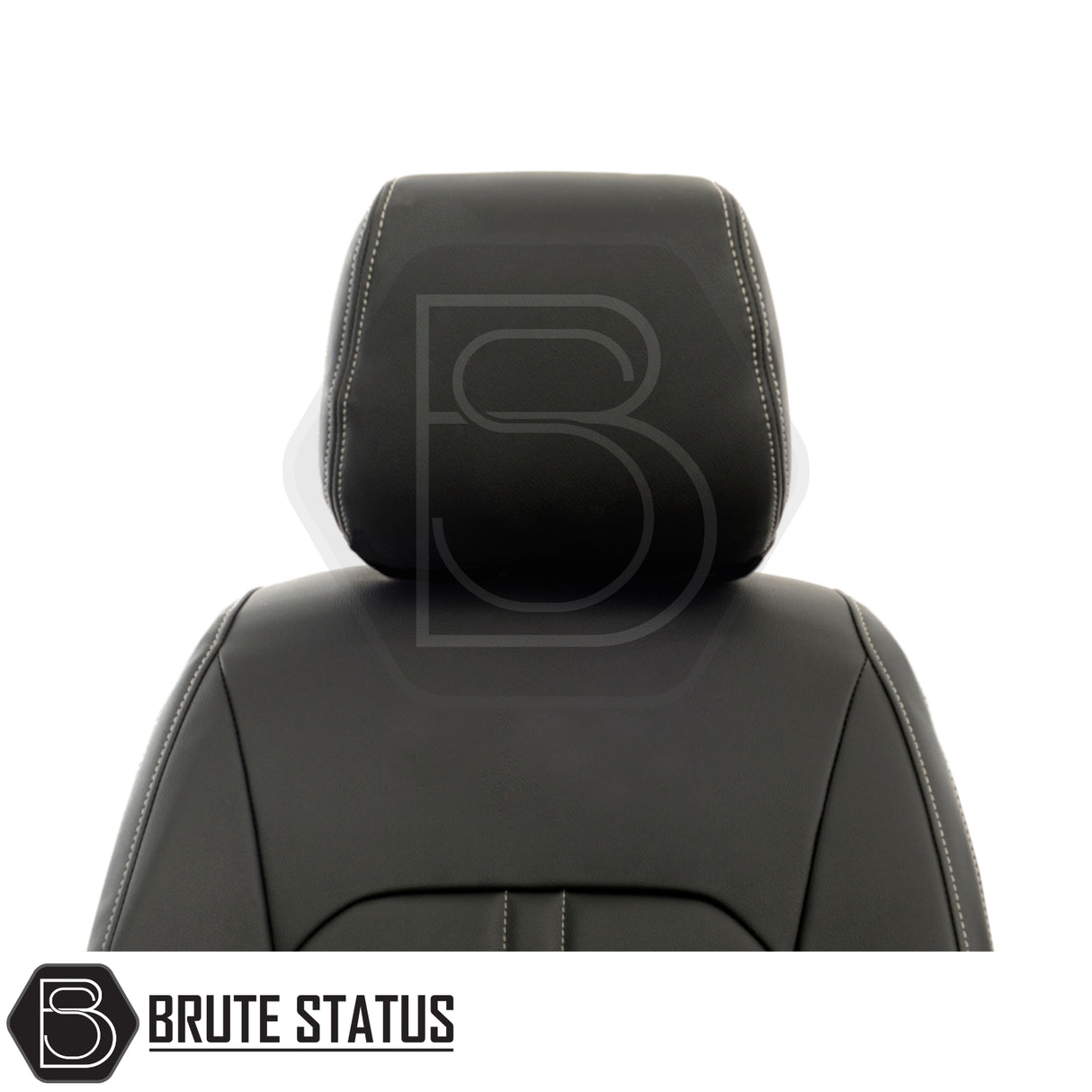 Ford Ranger 2012-2022 tailored leatherette seat covers with white block stitch, featuring a black leather seat and headrest for Double Cab models with rear armrest.