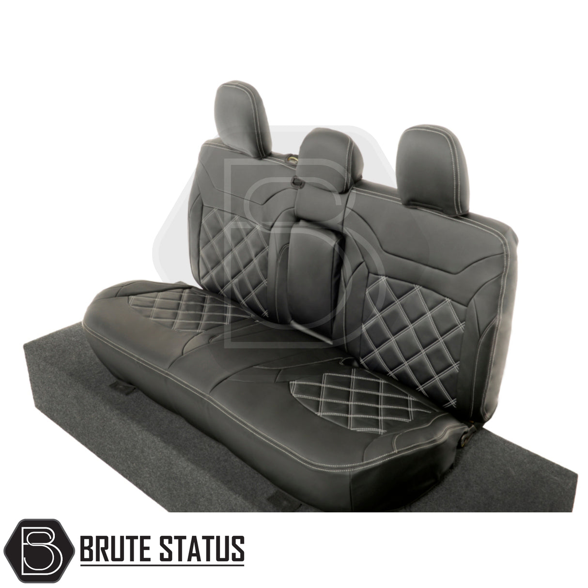 Mitsubishi L200 tailored leatherette seat covers with white diamond stitching, offering a snug fit and premium protection for Series 5 & 6 models.