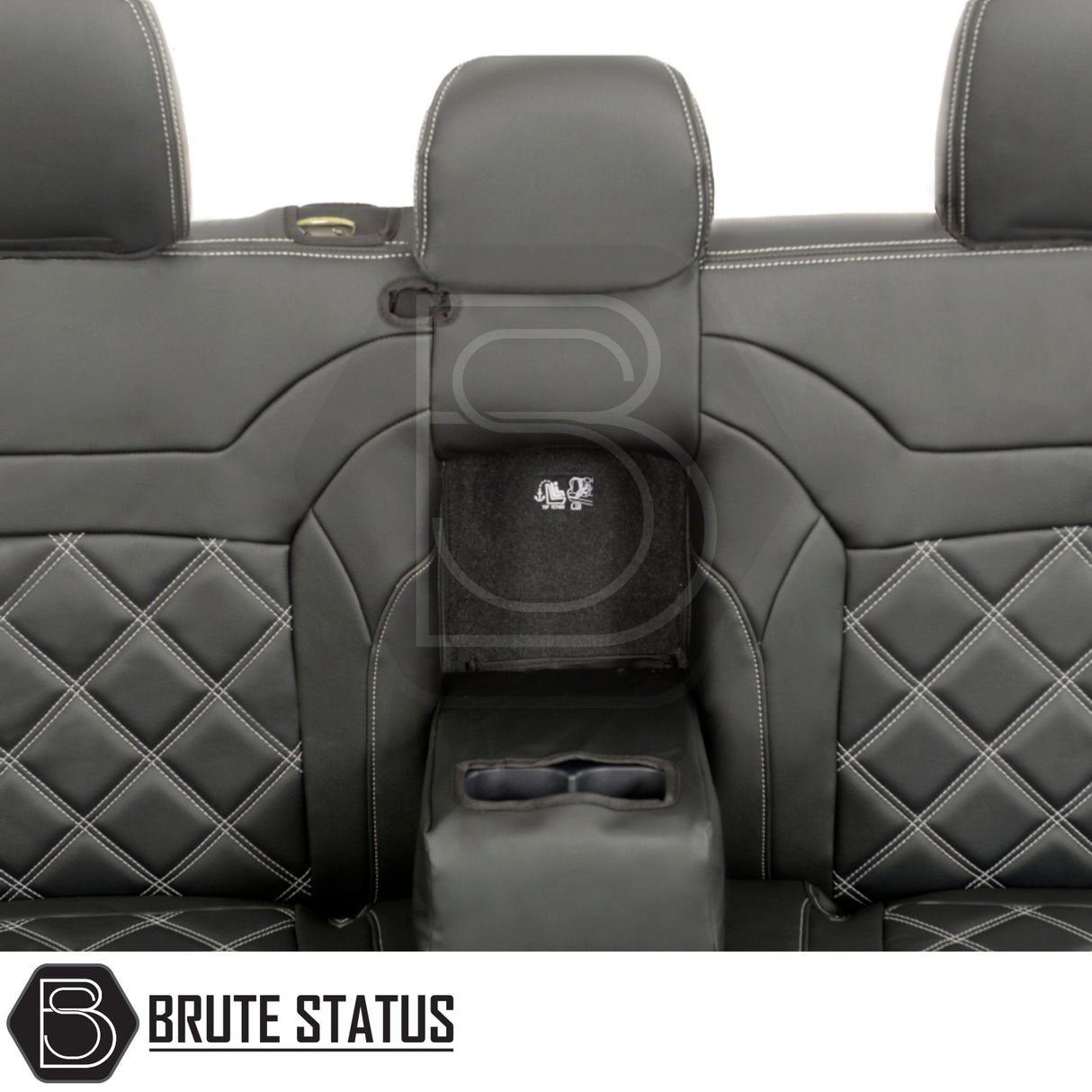 Mitsubishi L200 2015-2021 Barbarian Tailored Leatherette Seat Covers, featuring a snug fit and premium foam-backed material, shown on a car's back seat.
