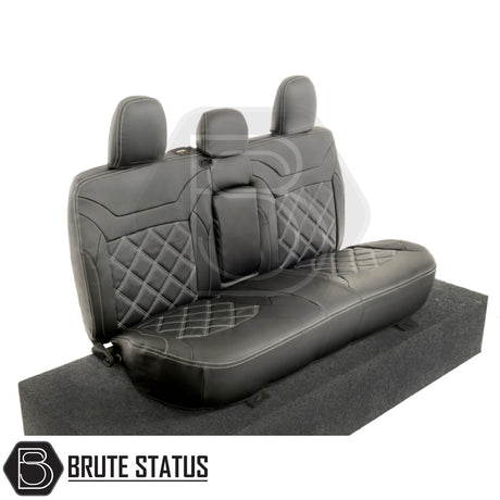 Mitsubishi L200 tailored leatherette seat covers with white diamond stitching, featuring a snug fit and premium materials for enhanced vehicle interior protection.