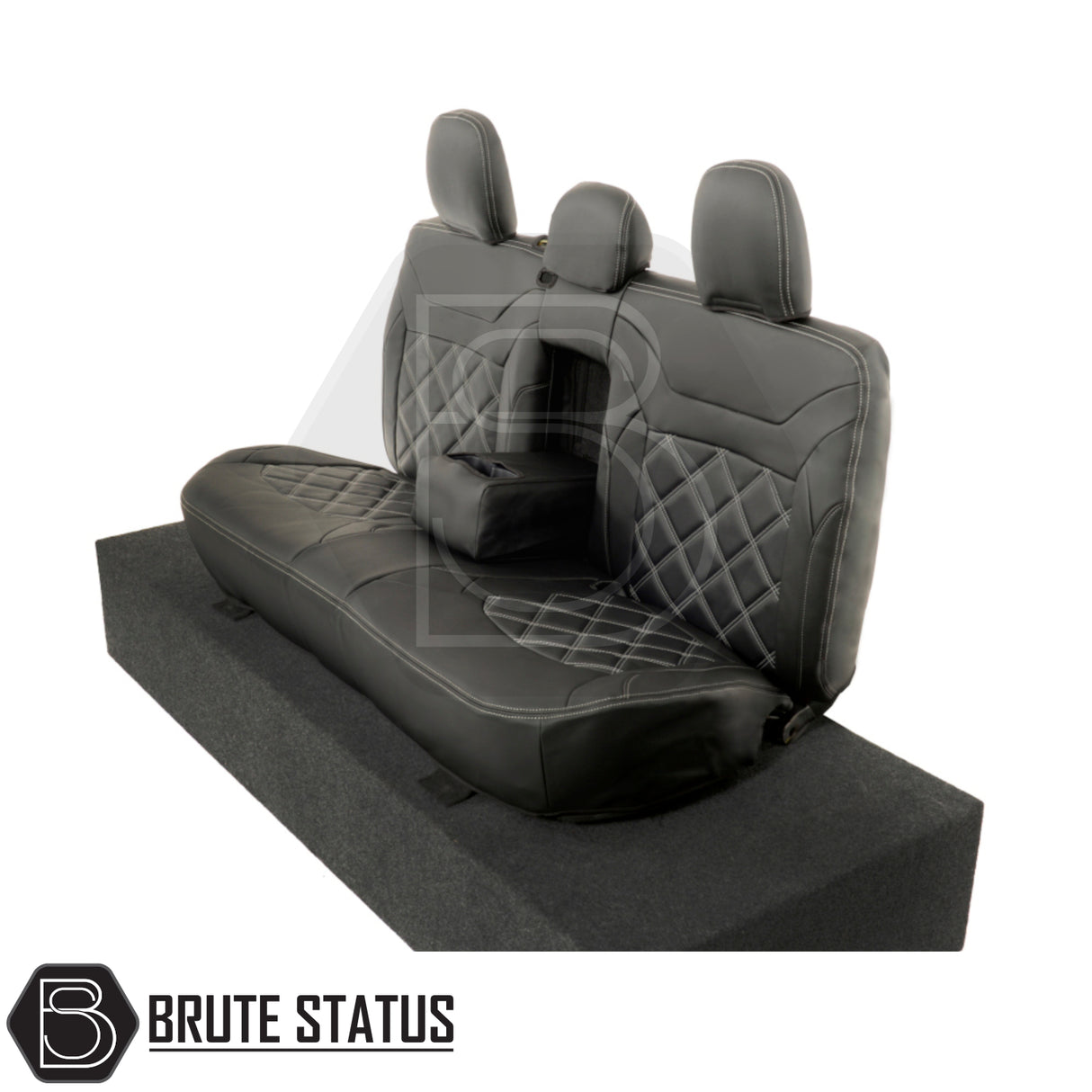 Mitsubishi L200 2015-2021 Series 5 & 6 Barbarian leatherette seat covers with white double diamond Bentley stitch, tailored for a precise fit and premium look.