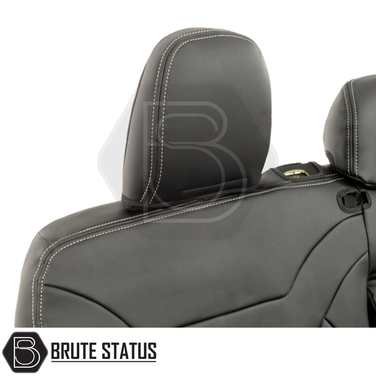 Mitsubishi L200 tailored leatherette seat covers with a white double diamond Bentley stitch, showcasing premium foam-backed leatherette material for a snug fit.