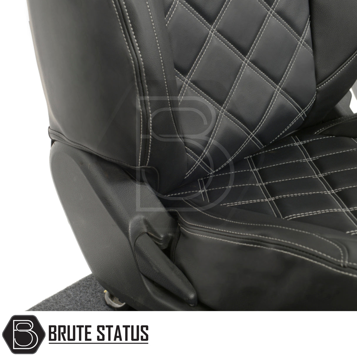 Mitsubishi L200 seat covers with white double diamond Bentley stitch, tailored leatherette design, shown in a close-up highlighting premium material and stitching details.