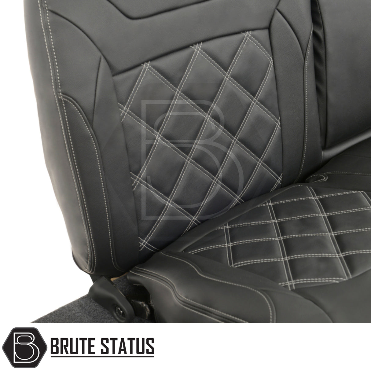 Tailored leatherette seat covers for Mitsubishi L200, featuring white double diamond Bentley stitch. Custom fit, premium material, designed for durability and style.