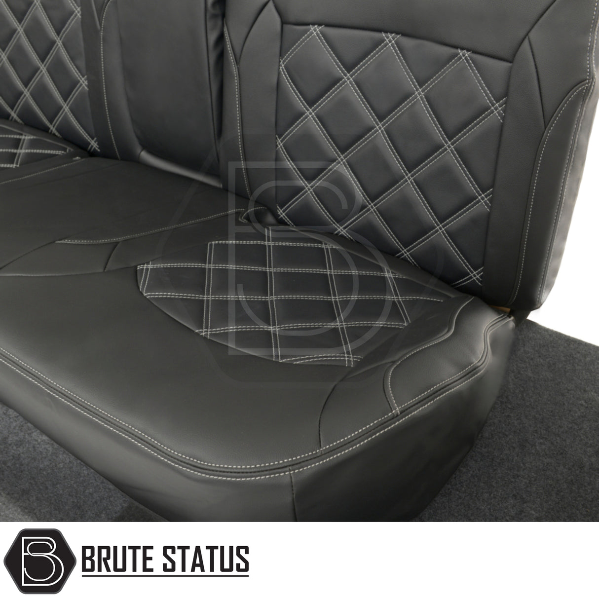 Mitsubishi L200 seat cover, black leatherette with white stitching, tailored fit for Series 5/6, offering premium protection and style for truck interiors.