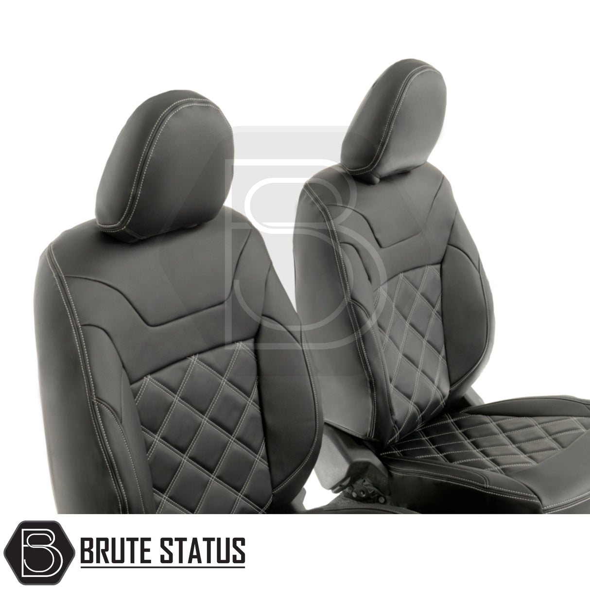 Mitsubishi L200 Series 5 & 6 tailored leatherette seat covers featuring white double diamond stitch, designed for precise fit and premium protection.