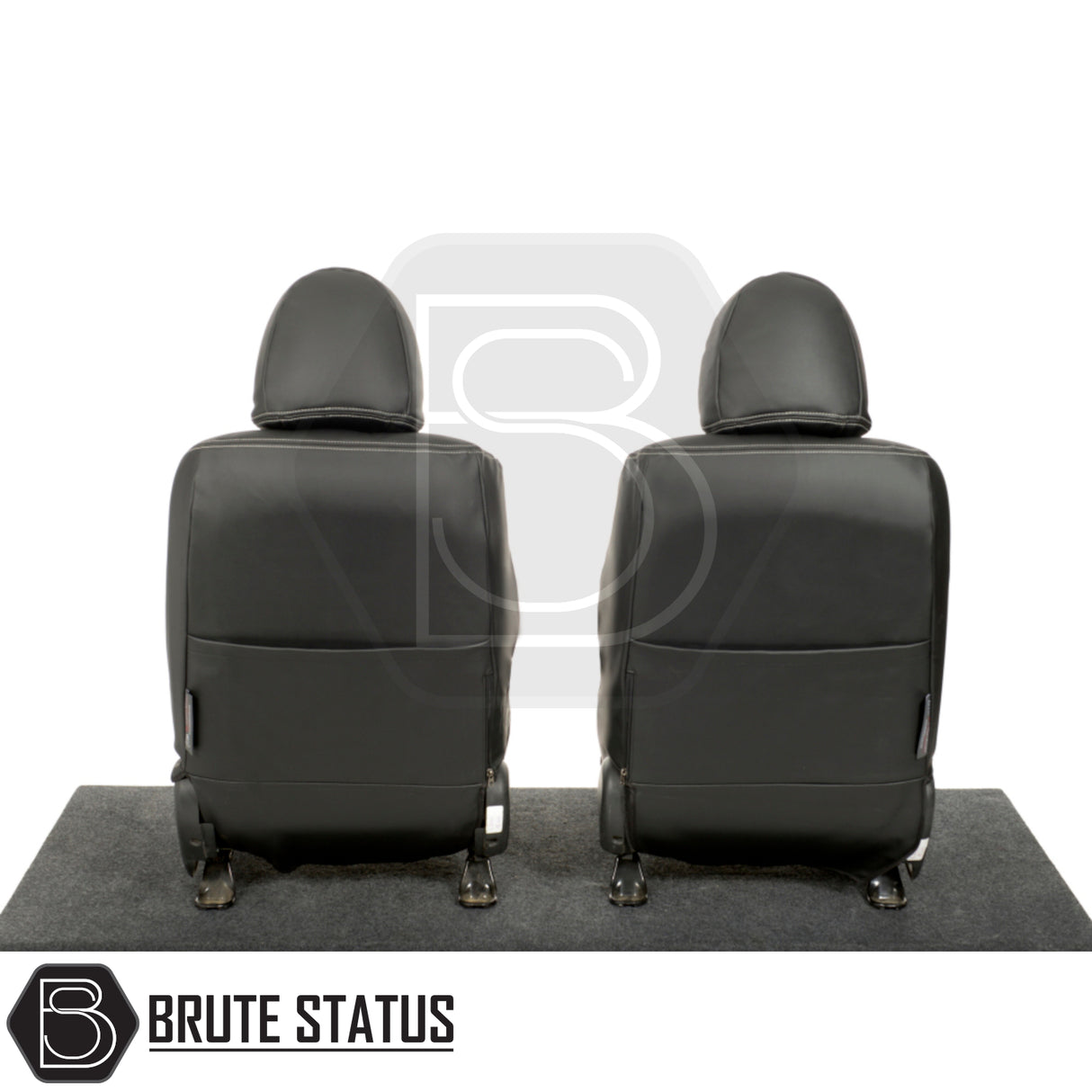 Mitsubishi L200 tailored leatherette seat covers, featuring white double diamond Bentley stitch, displayed on car back seats with premium, foam-backed material.