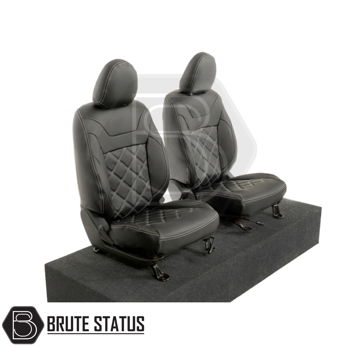 Mitsubishi L200 2015-2021 Series 5 & 6 Barbarian tailored leatherette seat covers, featuring white diamond stitching and precise fit for enhanced vehicle interior.