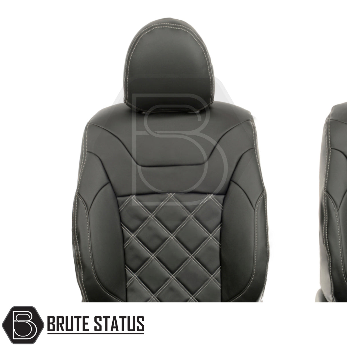 Mitsubishi L200 2015-2021 Barbarian tailored leatherette seat covers, front and back views, showcasing precise fit and premium materials with Bentley stitch.