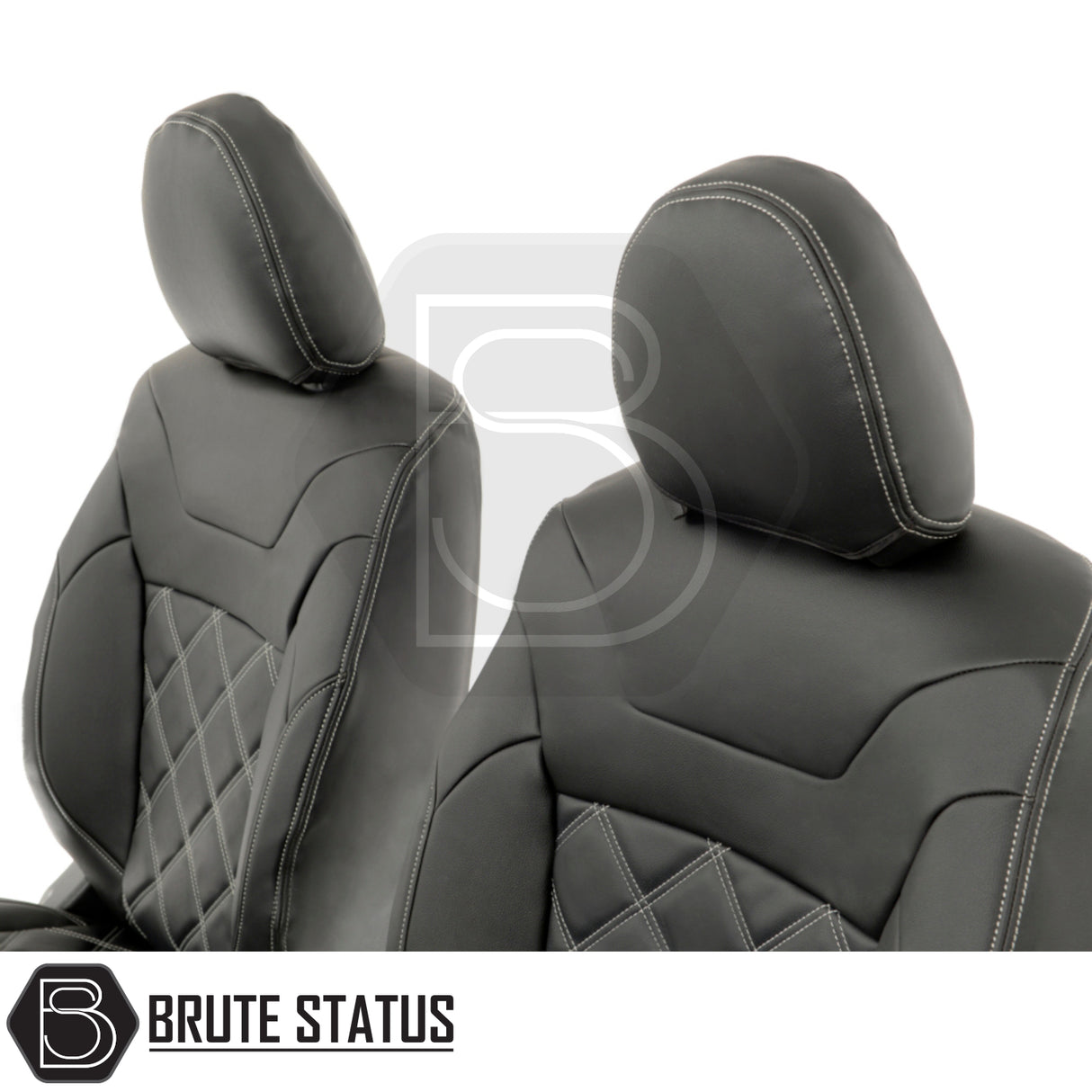 Mitsubishi L200 tailored black leatherette seat covers with white diamond stitching, designed for Series 5 & 6, offering premium protection and a stylish custom fit.