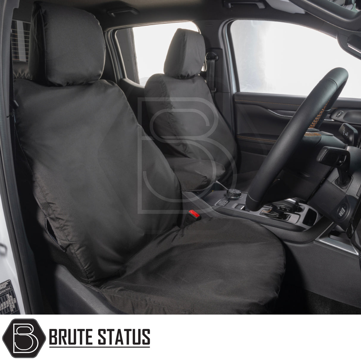 Ford Ranger Wildtrak 2023+ Double Cab cotton-backed PU seat covers in black, tailored fit for driver and passenger, showcasing durability and full coverage from Brute Status.