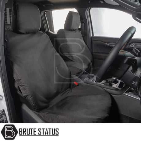 Ford Ranger Wildtrak 2023+ Double Cab cotton-backed PU seat covers in black, tailored fit for driver and passenger, showcasing durability and full coverage from Brute Status.