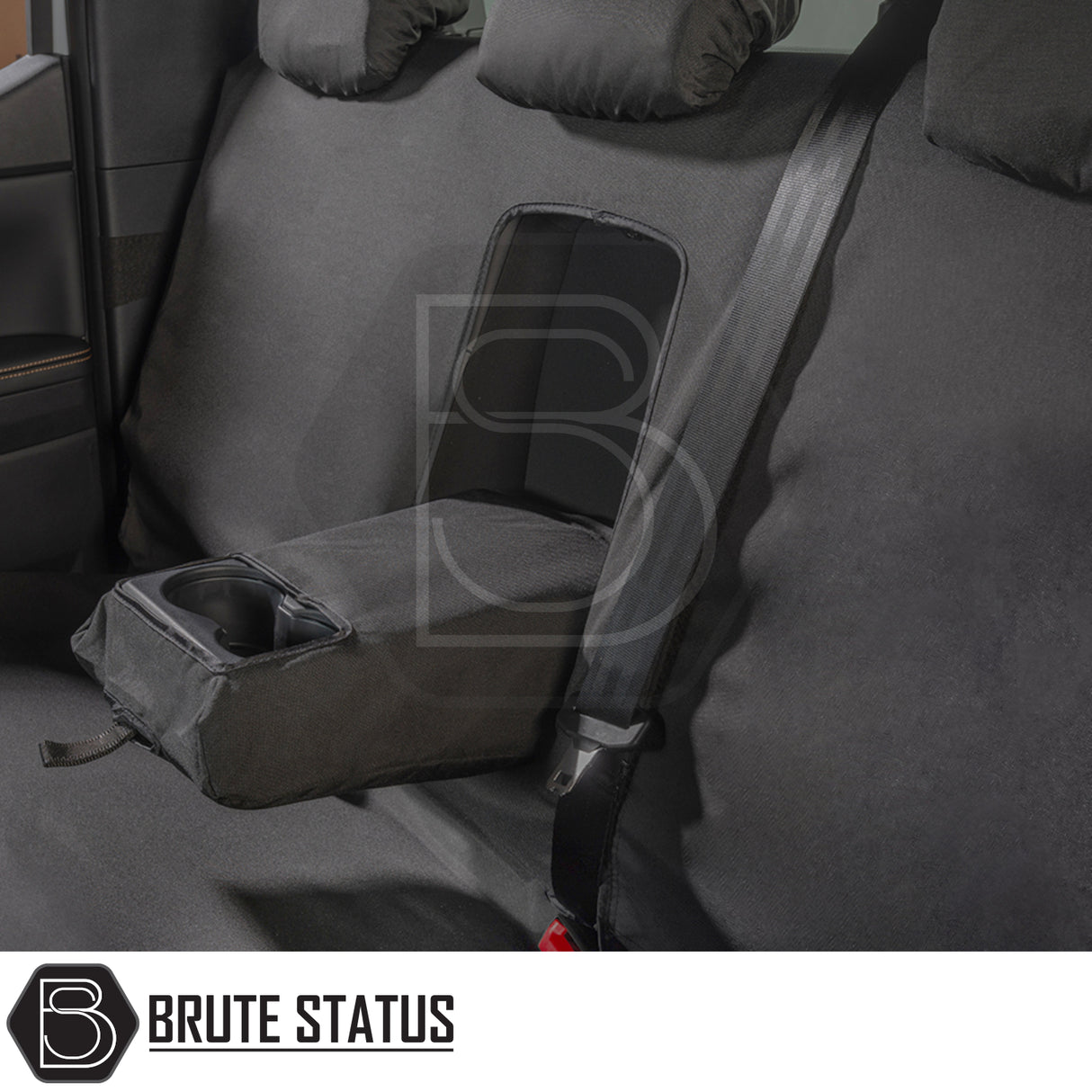 Ford Ranger Wildtrak T9 2023+ Double Cab Cotton-Backed PU Seat Covers on SUV rear bench, featuring tailored fit, waterproof material, and visible center armrest with cupholder.