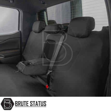 Ford Ranger 2023+ T9 Double Cab seat cover, black nylon, fully protects rear bench, tailored fit, integrated cup-holder pouch, branded by Brute Status.