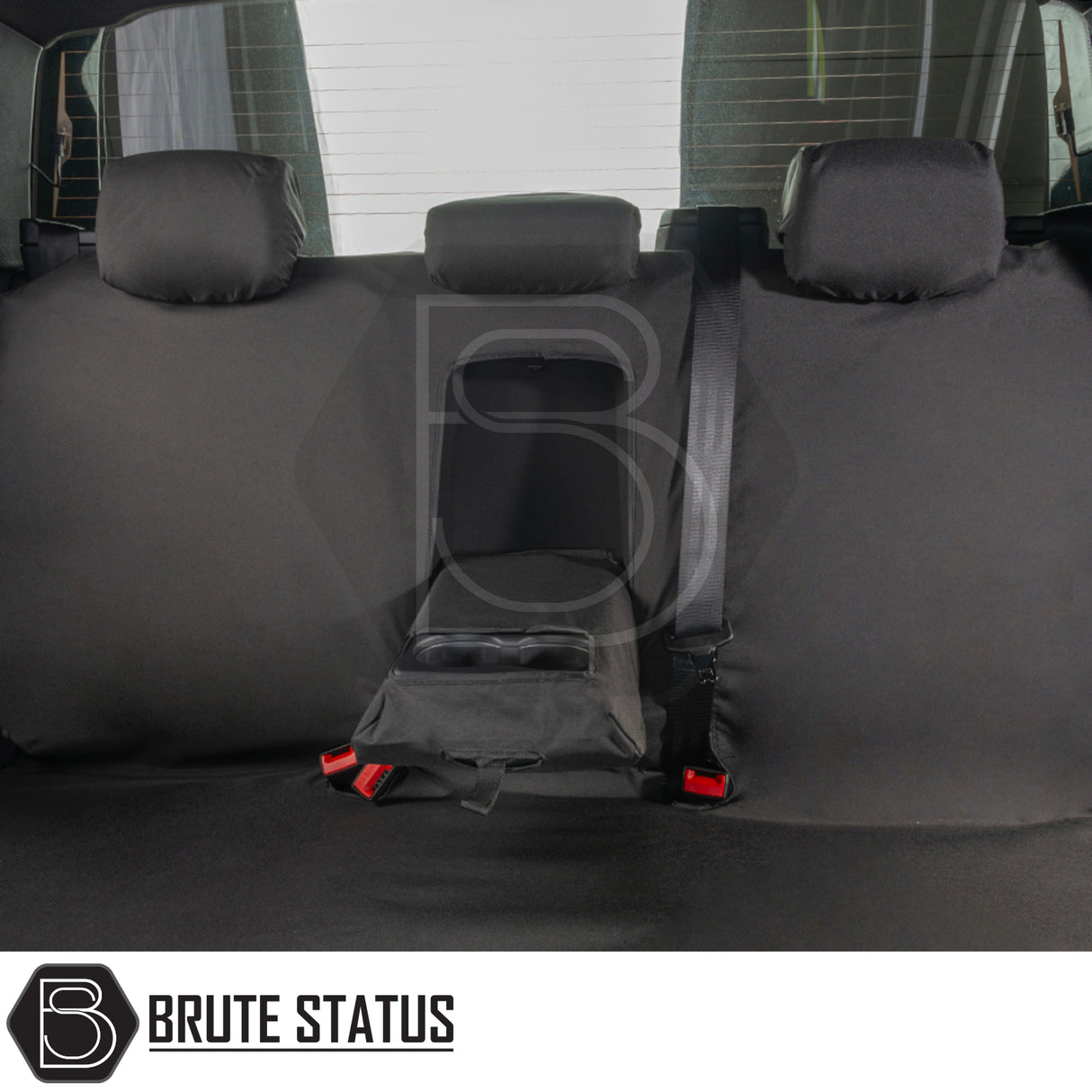 Ford Ranger Wildtrak T9 2023+ Double Cab Cotton-Backed PU Seat Covers installed, showcasing tailored fit with rear-seat and headrest protection, including fold-down center armrest access.
