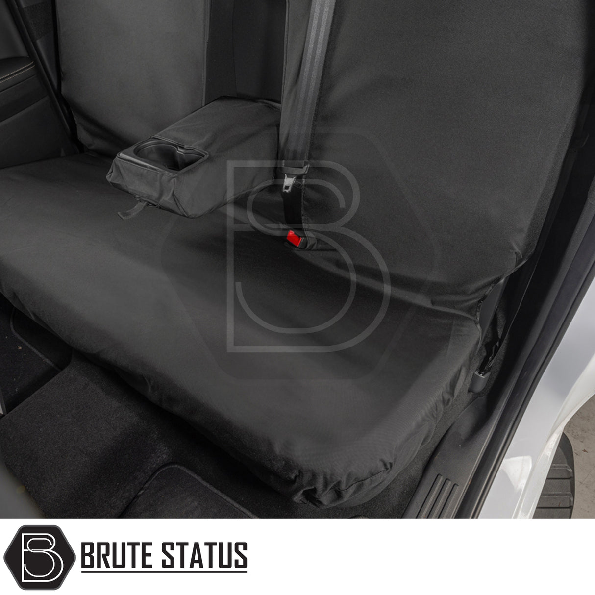 Ford Ranger 2023+ T9 Double Cab seat covers on rear bench, showcasing tailored fit over cushion, backrest, and armrest with cup holders, enhancing protection and style.