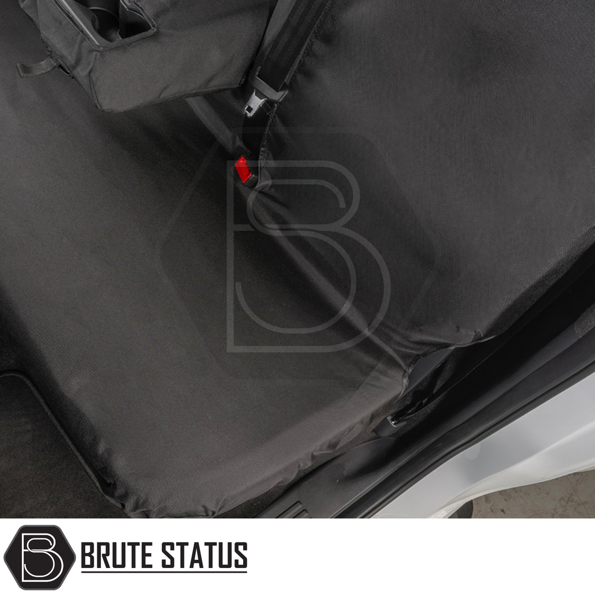 Ford Ranger Wildtrak 2023+ Double Cab seat cover, snugly fitted, showcasing durable, waterproof protection with visible seat-belt access, enhancing vehicle interior with Brute Status quality.