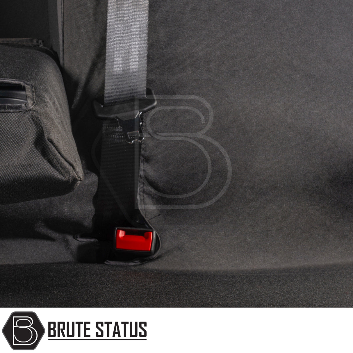 Ford Ranger 2023+ T9 Double Cab Cotton-Backed PU Seat Cover features integrated pouch and seat-belt cutout, showcasing its durable, tailored fit in a vehicle.