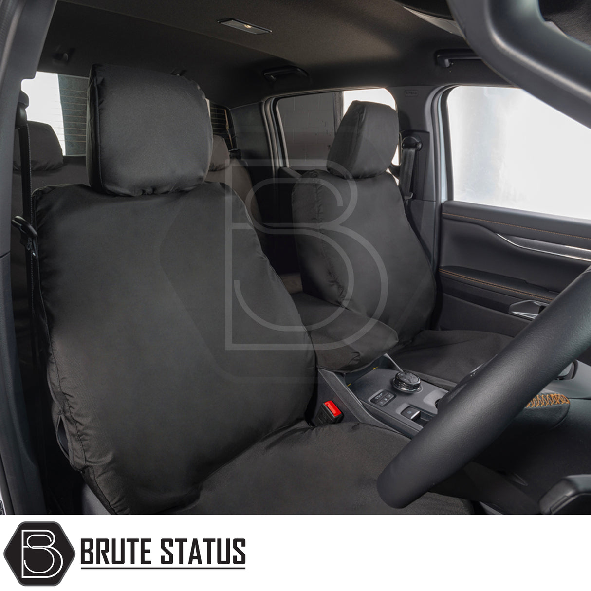 Ford Ranger 2023+ T9 Double Cab Cotton-Backed PU Seat Covers on bucket seats, tailored fit with Brute Status branding, showcasing premium, waterproof, and durable materials.