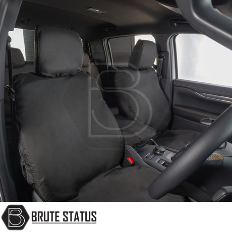 Ford Ranger 2023+ T9 Double Cab Cotton-Backed PU Seat Covers on bucket seats, tailored fit with Brute Status branding, showcasing premium, waterproof, and durable materials.