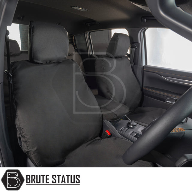 Ford Ranger 2023+ T9 Double Cab Cotton-Backed PU Seat Covers on bucket seats, tailored fit with Brute Status branding, showcasing premium, waterproof, and durable materials.