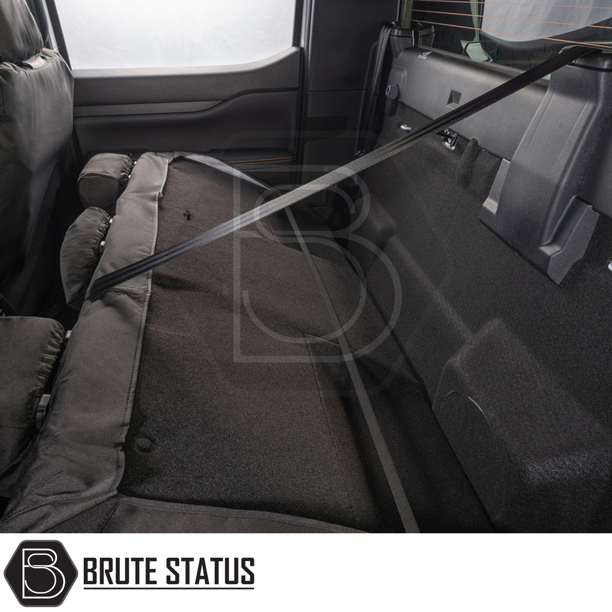 Ford Ranger 2023+ T9 Double Cab Cotton-Backed PU Seat Covers installed, showcasing durable, tailored fit over rear seats, enhancing protection and style with Brute Status craftsmanship.