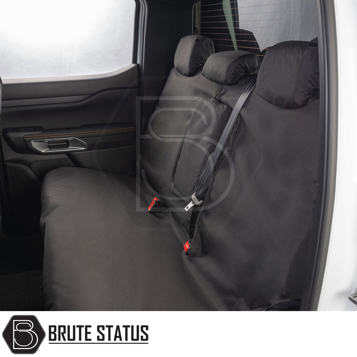 Ford Ranger Wildtrak T9 2023+ Double Cab Cotton-Backed PU Seat Covers on rear bench, showcasing tailored fit with accessible seat belts and Brute Status branding.