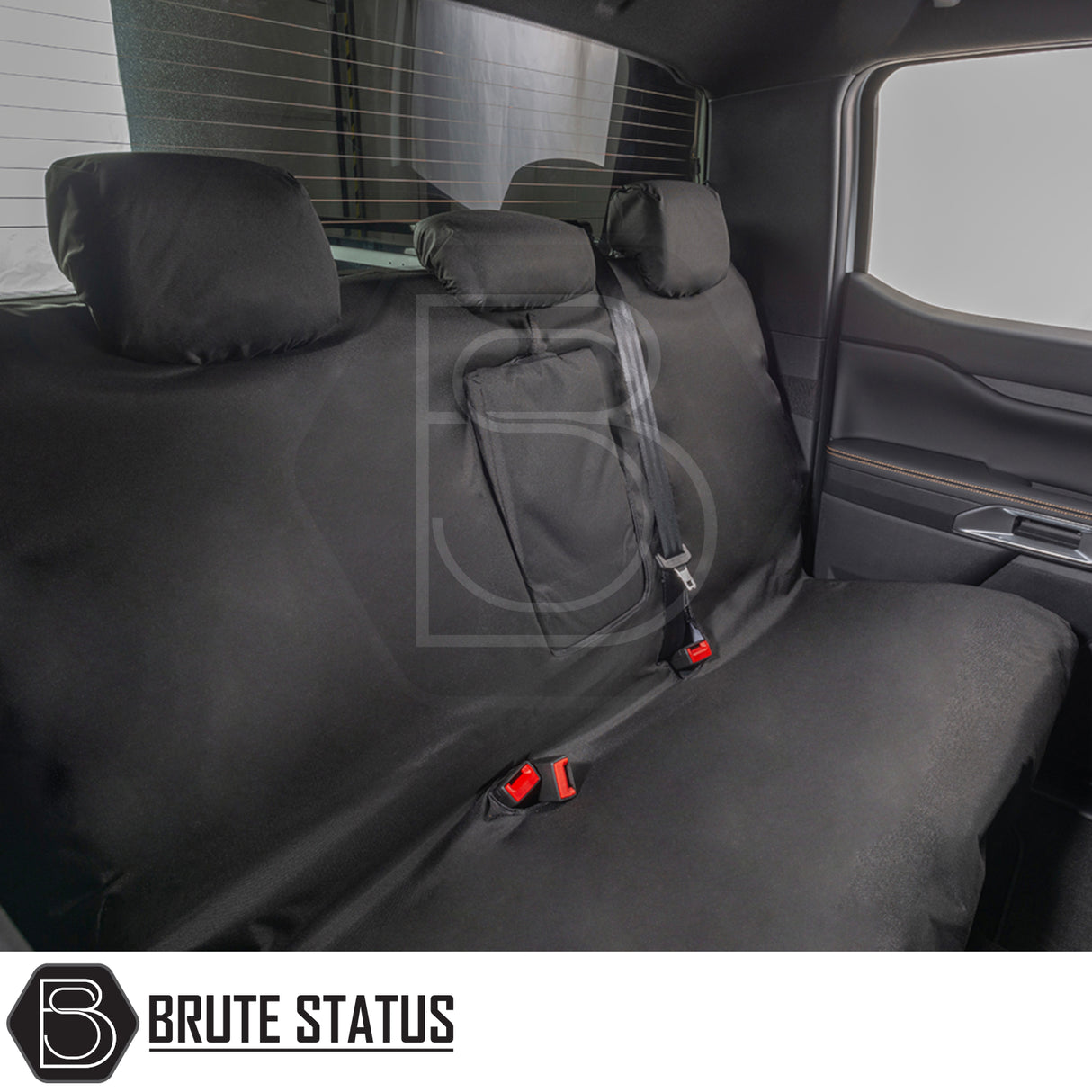 Ford Ranger Wildtrak T9 2023+ rear bench seat with Brute Status black fabric seat cover, featuring tailored fit, headrest covers, armrest slot, seat belt openings.