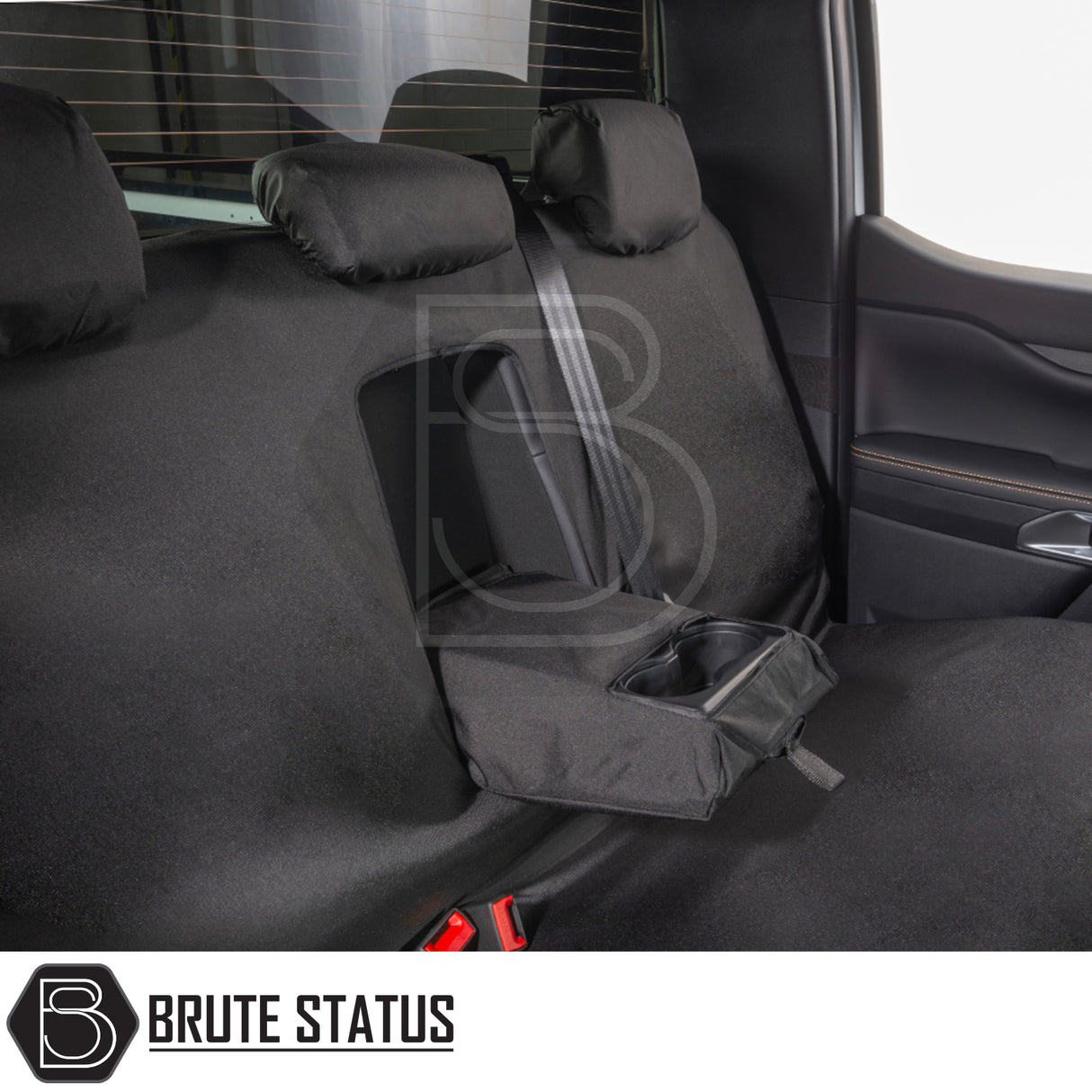 Ford Ranger 2023+ T9 Double Cab Cotton-Backed PU Seat Covers on rear bench, featuring tailored fit, armrest with cup holders, and visible seat-belt and headrest openings.