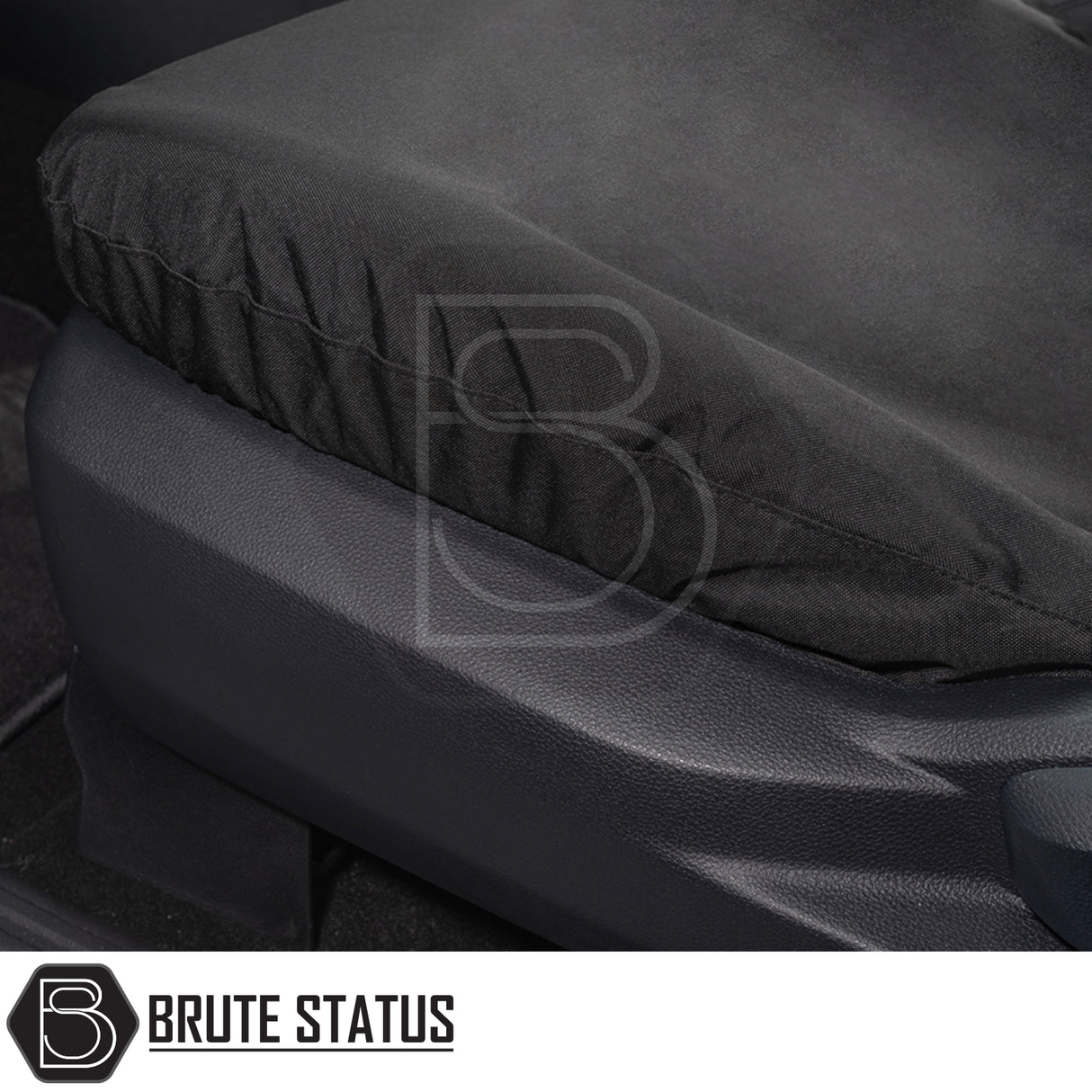 Black fabric seat cover on Ford Ranger 2023+ T9 Double Cab's front seat with Brute Status logo, tailored fit, waterproof, and cotton-backed PU material.