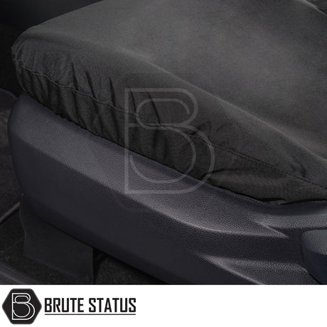 Black fabric seat cover on Ford Ranger 2023+ T9 Double Cab's front seat with Brute Status logo, tailored fit, waterproof, and cotton-backed PU material.