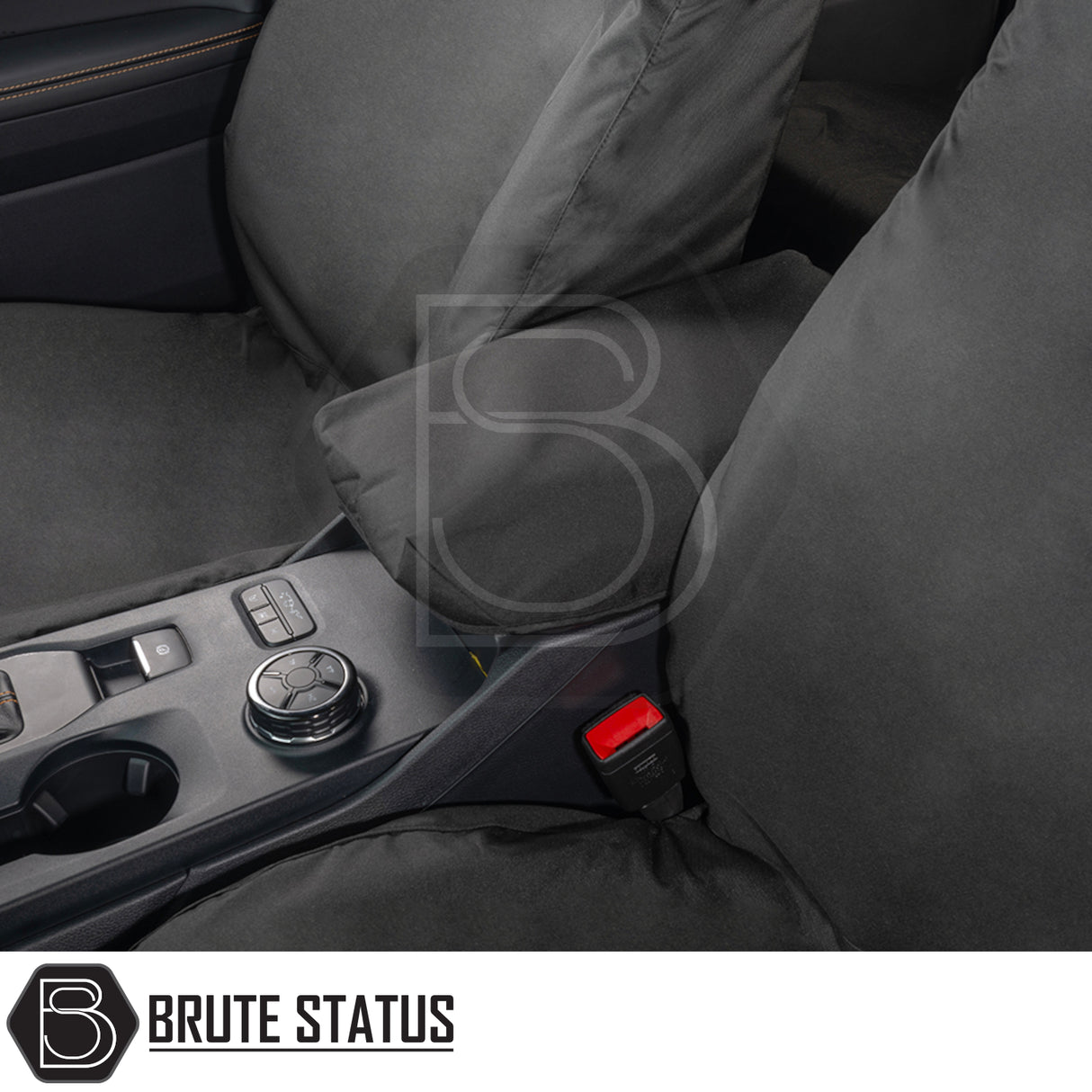 Ford Ranger 2023+ T9 Double Cab Cotton-Backed PU Seat Covers on front seats, highlighting tailored fit, center console details, and branded Brute Status protection.
