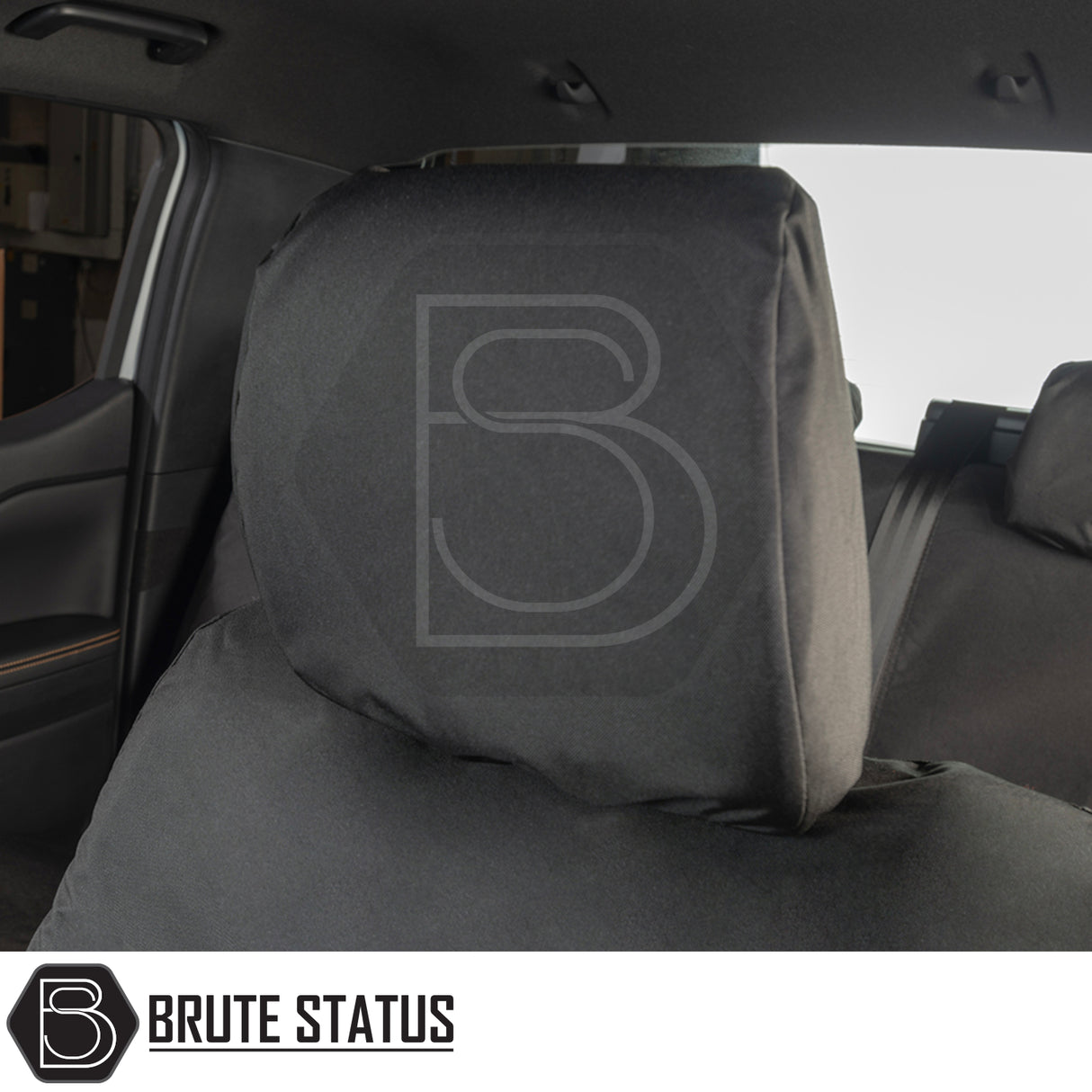 Ford Ranger Wildtrak T9 2023+ Double Cab seat covers, black heavy-duty material, tailored fit, visible headrest and seat, branded with Brute Status logo.
