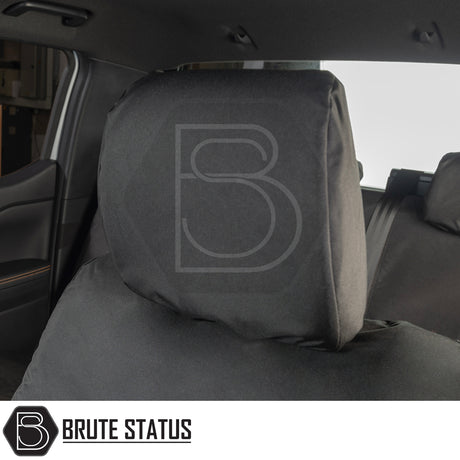 Ford Ranger Wildtrak T9 2023+ Double Cab seat covers, black heavy-duty material, tailored fit, visible headrest and seat, branded with Brute Status logo.
