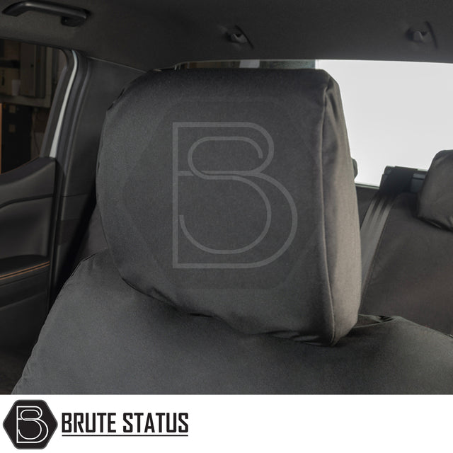 Ford Ranger Wildtrak T9 2023+ Double Cab seat covers, black heavy-duty material, tailored fit, visible headrest and seat, branded with Brute Status logo.
