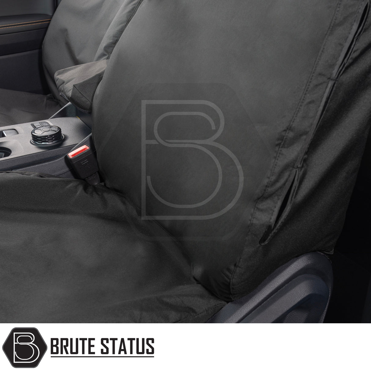Ford Ranger 2023+ T9 Double Cab seat covers, tailored black design, fits snugly over front seats, showcasing premium, durable, waterproof materials with visible center console and seatbelt buckle.