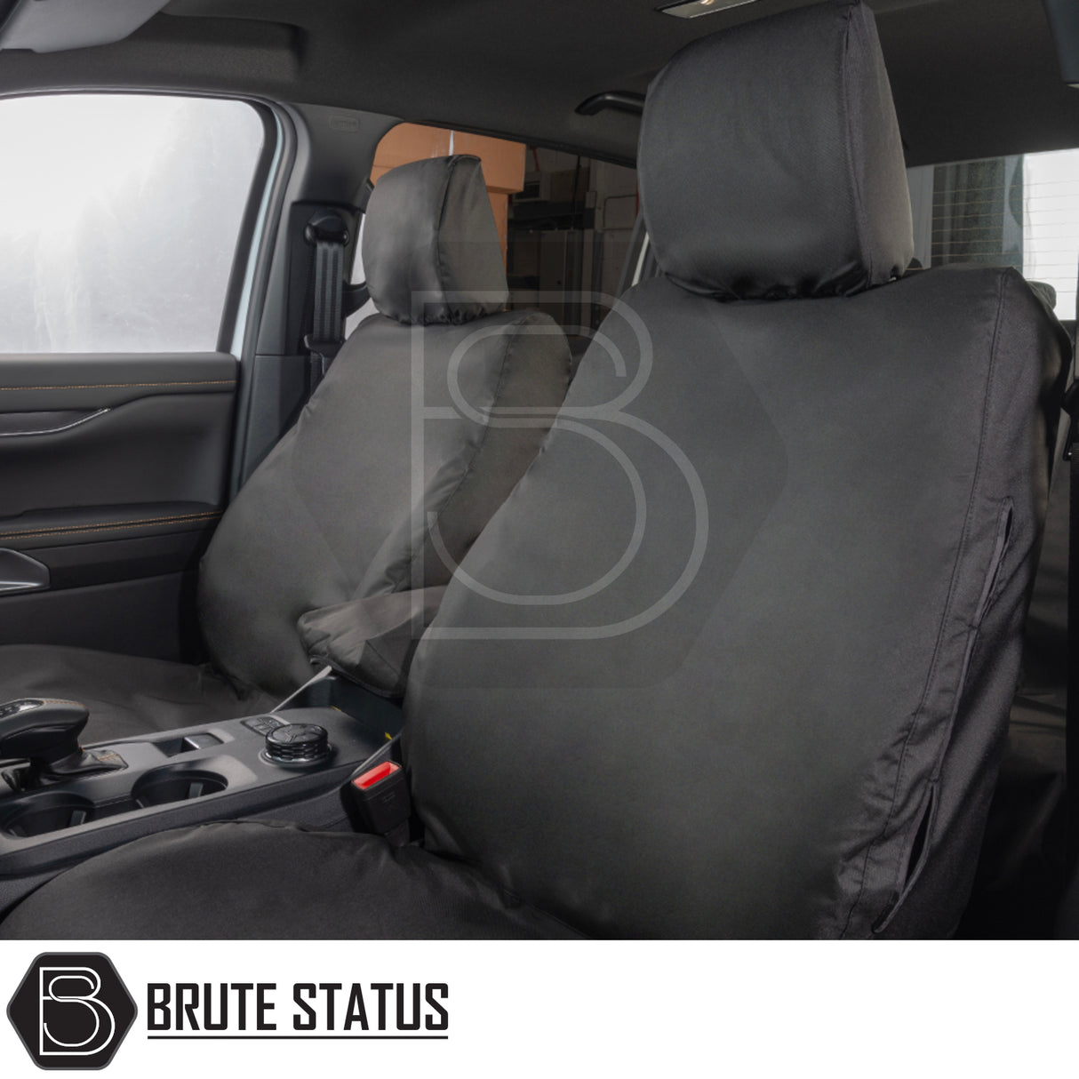 Ford Ranger Wildtrak T9 2023+ seat covers with heavy-duty, tailored black design, featuring waterproof, PU-coated materials, shown on driver and passenger seats with Brute Status branding.