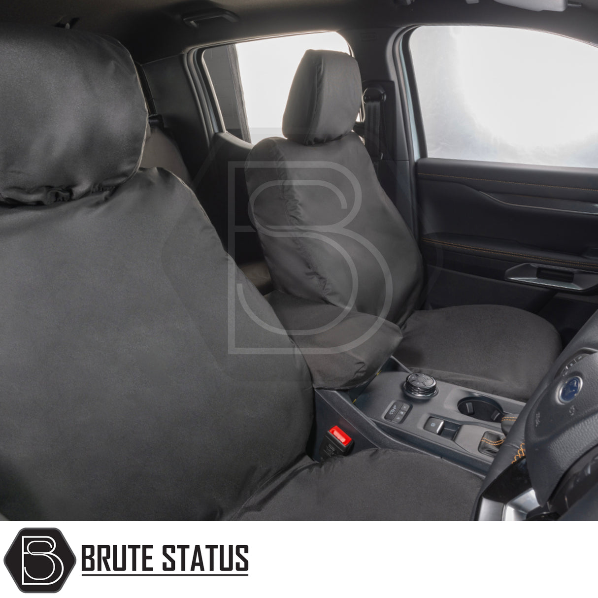 Ford Ranger Wildtrak T9 2023+ seat covers, tailored fit with Brute Status logo, covering driver, passenger seats, and console for enhanced protection and style.