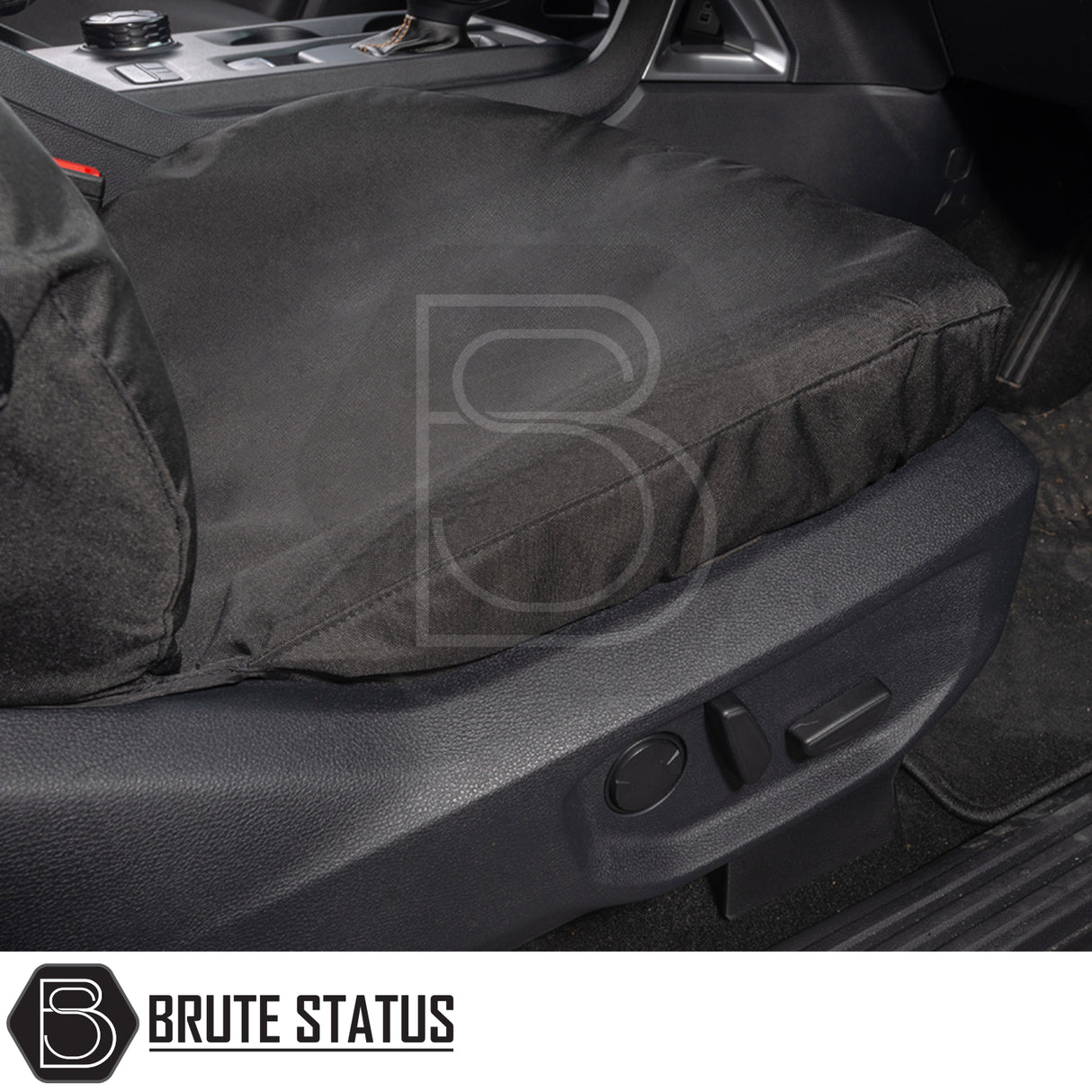 Ford Ranger Wildtrak T9 2023+ seat cover on front car seat, featuring durable black fabric with Brute Status logo, tailored for exact fit and protection.