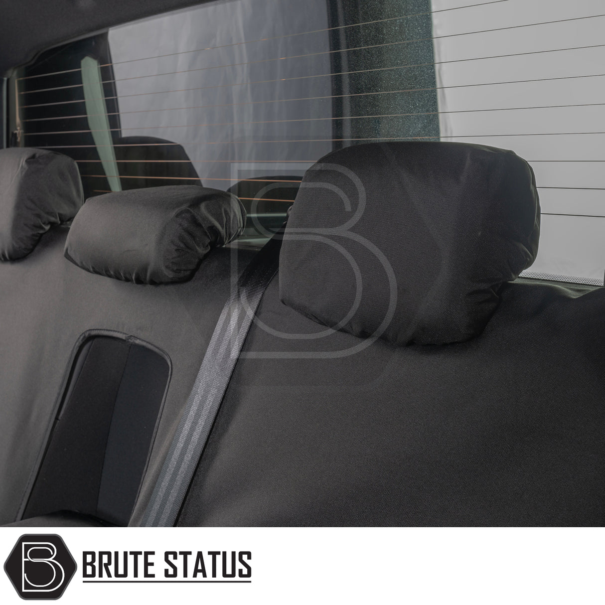 Ford Ranger Raptor T9 2023+ Double Cab Cotton-Backed PU Seat Covers fitted on rear bench, showcasing tailored fit and durability, branded “Brute Status.”