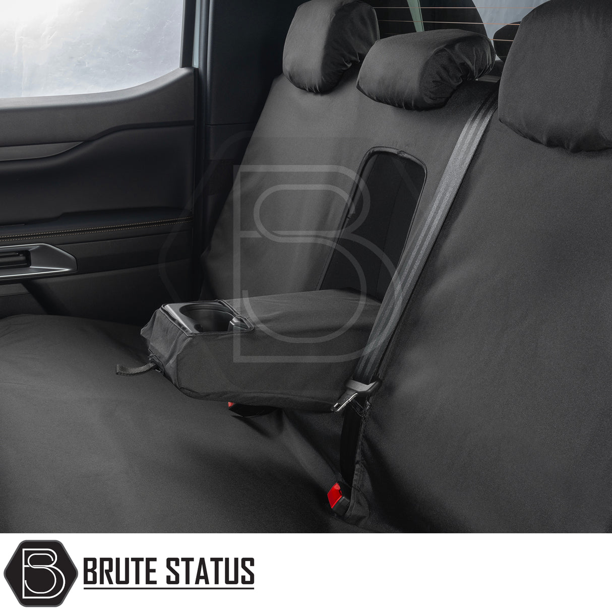 Ford Ranger Raptor T9 2023+ Double Cab Cotton-Backed PU Seat Covers showcasing durable, tailored black rear seat protection with headrest covers and seat-belt access.