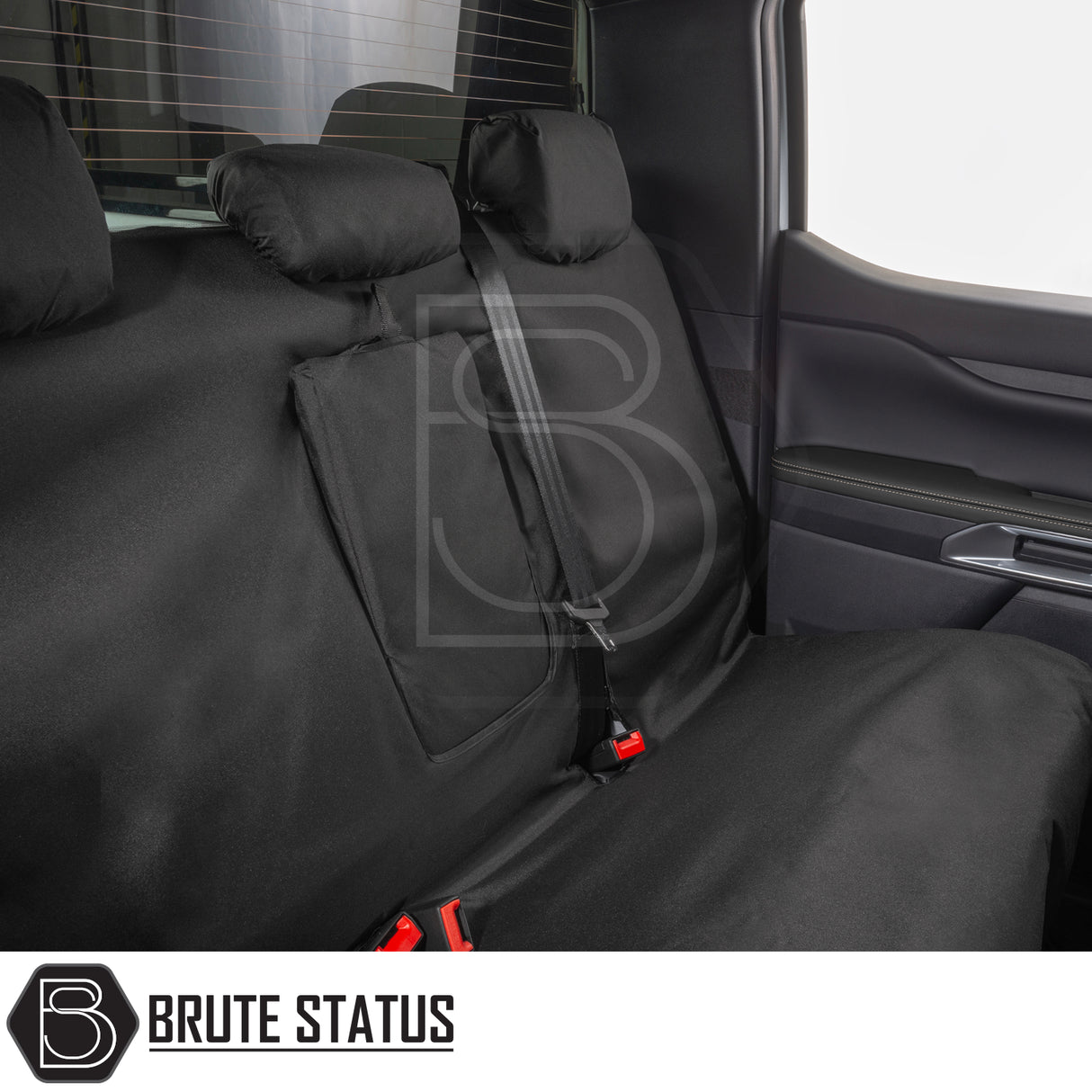 Ford Ranger Raptor T9 2023+ seat cover features custom-fit, waterproof protection for rear bench, including headrest covers and seat-belt access, by Brute Status.