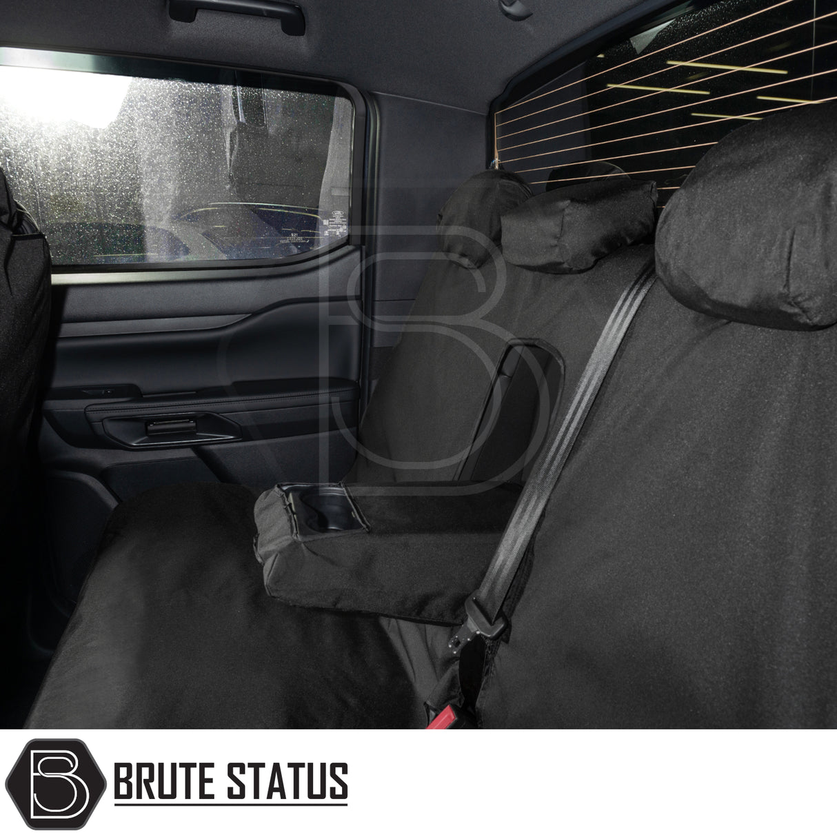 Ford Ranger Raptor T9 2023+ Double Cab Cotton-Backed PU Seat Covers on rear bench, featuring tailored fit, Brute Status logo, and protective armrest cover.