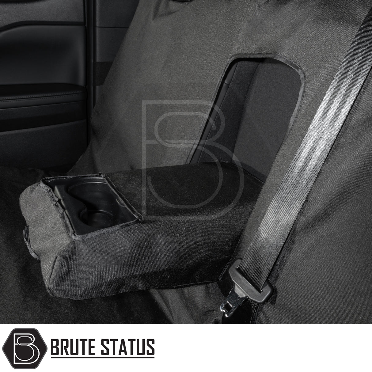 Ford Ranger Raptor T9 2023+ Double Cab seat cover with cup-holder, tailored fit, and premium cotton-backed PU material, showcasing durability and integration.
